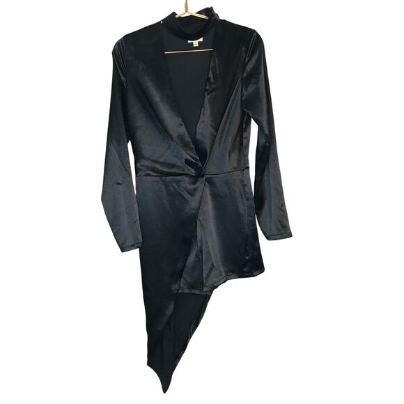 Lena Black Satin Romper S Long Sleeve Halter Neck Asymmetrical - Picture 1 of 10